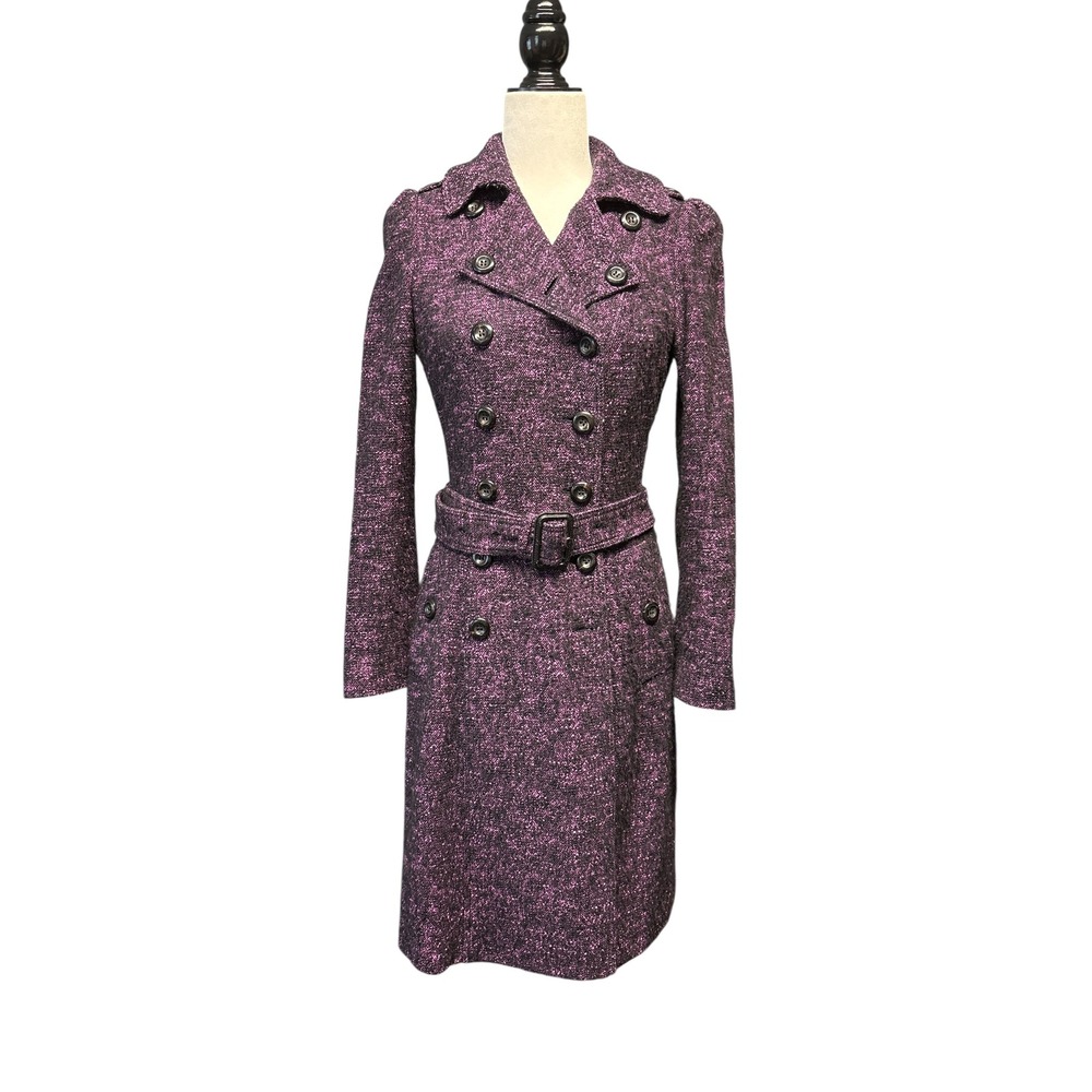 Burberry London Belted Tweed Coat Purple Double Breasted Cotton‎ Blend UK 6 US 4